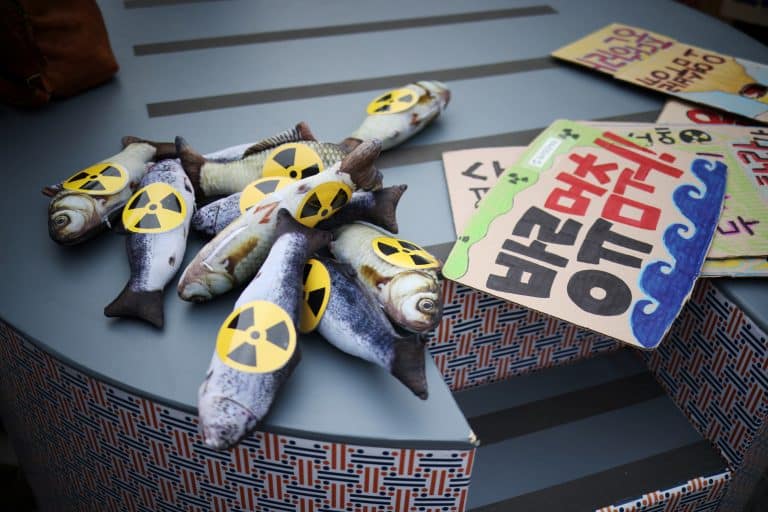 Manifestation contre le projet du Japon de déverser dans l&rsquo;océan Pacifique l&rsquo;eau radioactive retraitée de la centrale nucléaire accidentée de Fukushima